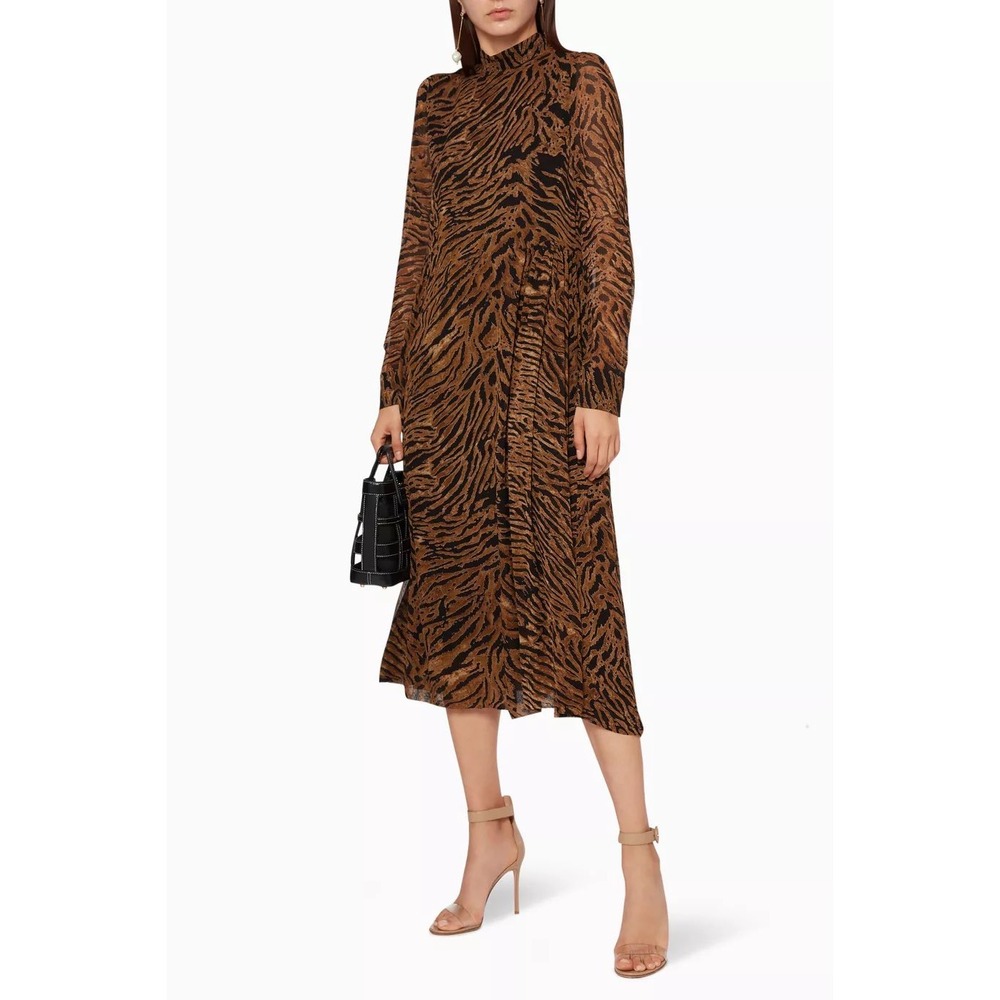 Ganni Georgette Brown Animal Print Viscose Mock Neck Midi Dress Size 38 US 6